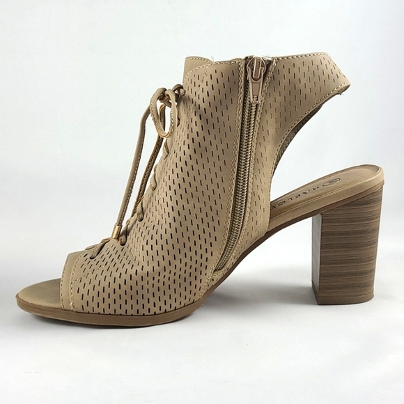 Harlow Peep Toe Open Heel Perforated Mule Chunky  Heeled Nude Sandals Size 8 - Picture 8 of 16